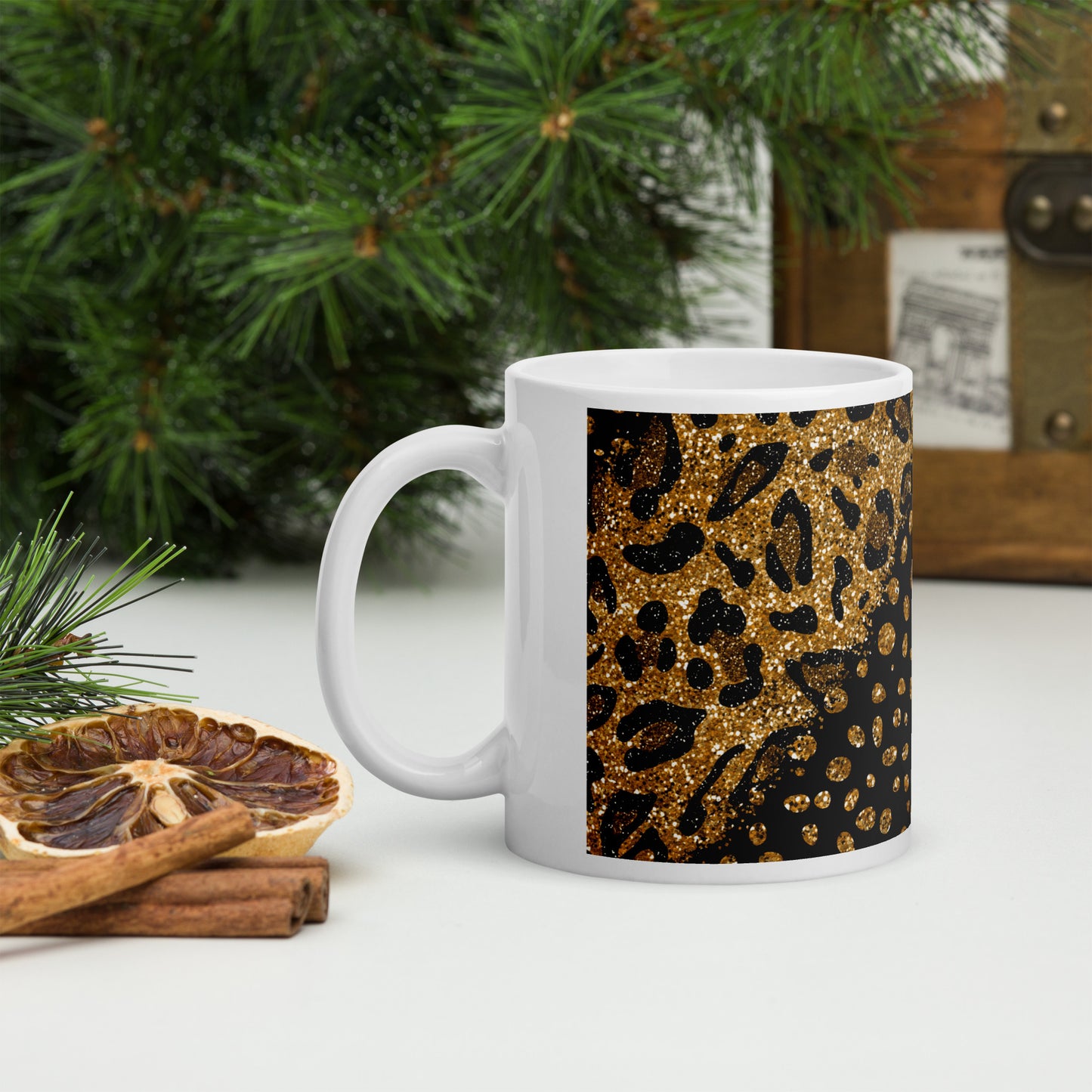White glossy Leopard mug