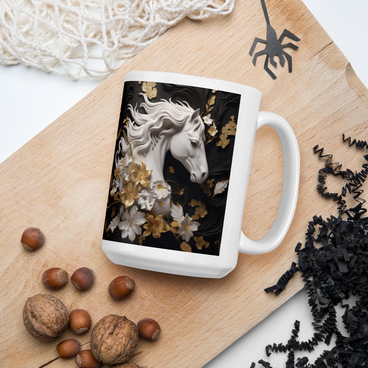 White glossy Horse mug