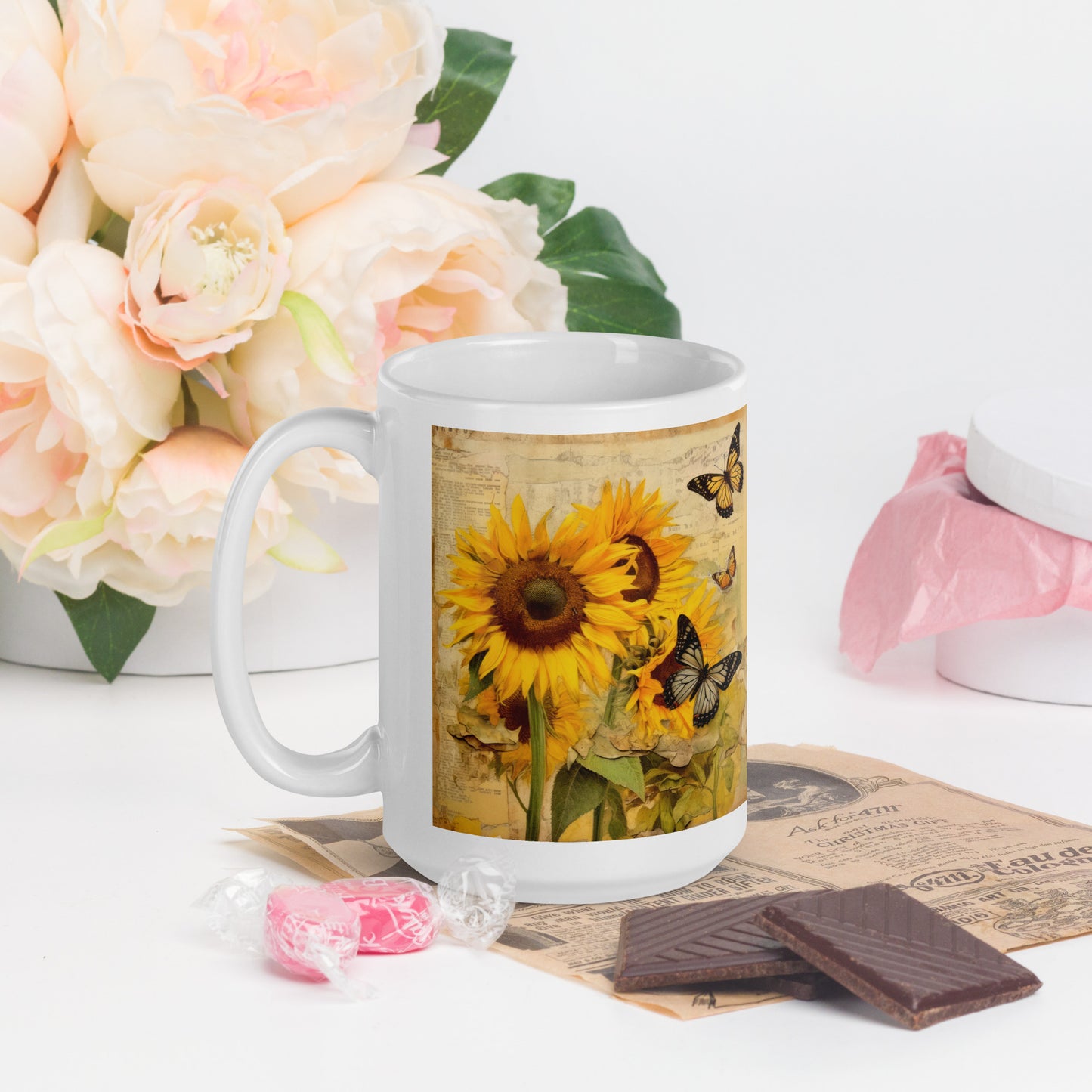 White glossy Sunflower and Butterflies mug